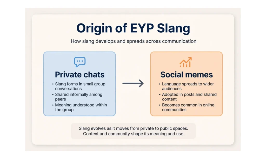 A timeline graphic showing EYP slang moving from private chats to social memes