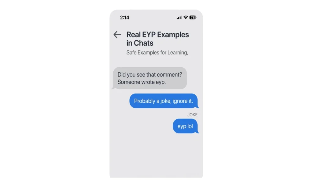 A series of short chat screenshots showing EYP examples
