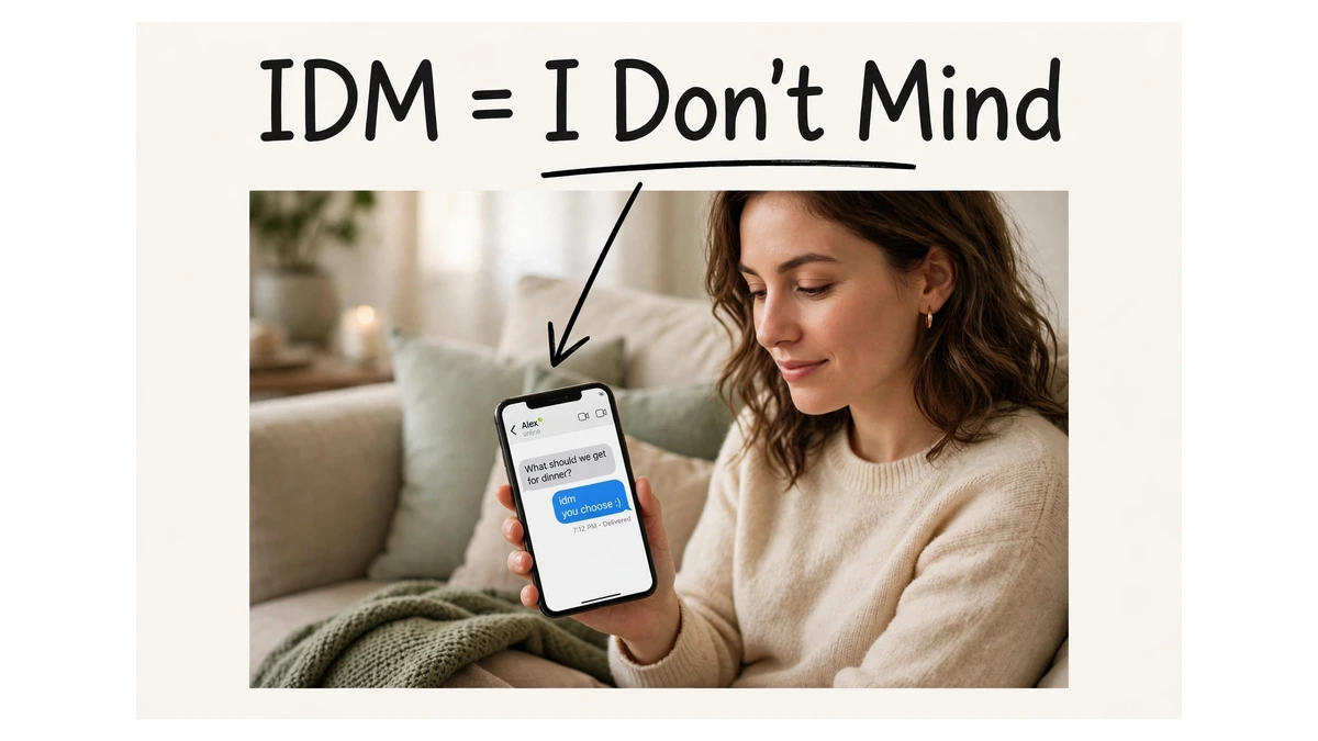 A woman on a couch looking at a phone chat showing IDM as a friendly reply