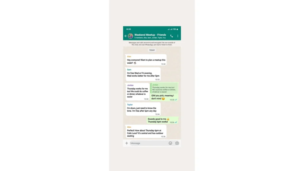 A WhatsApp group chat planning a meetup with an IDM reply