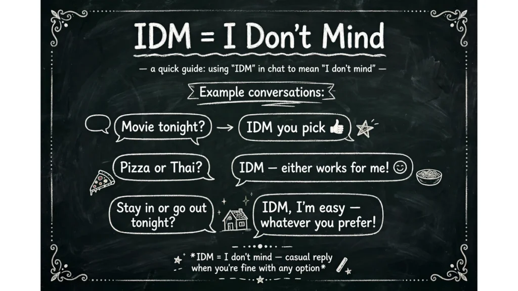 A series of short chat screenshots with different IDM examples