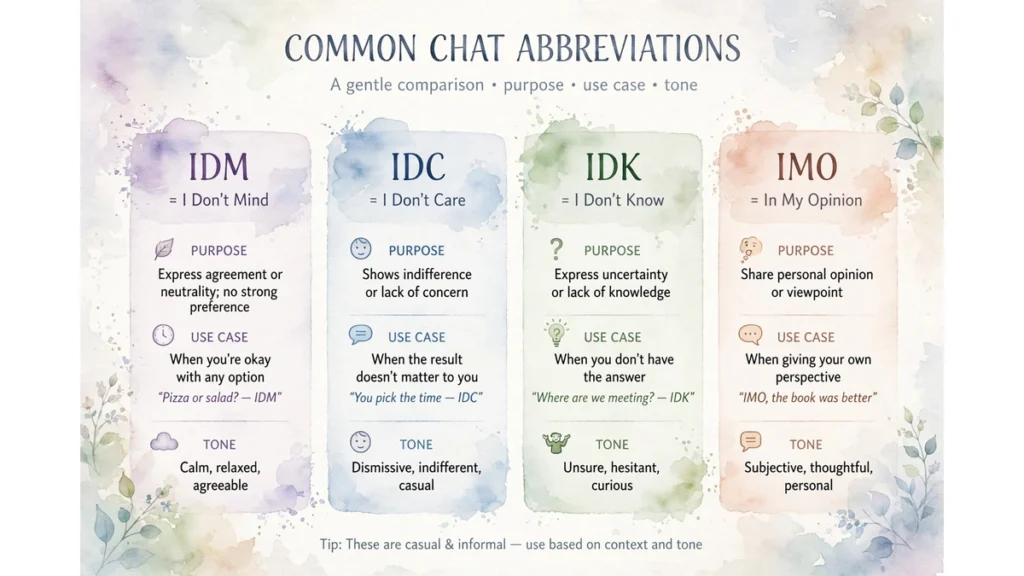A comparison chart of IDM, IDC, IDK, and IMO