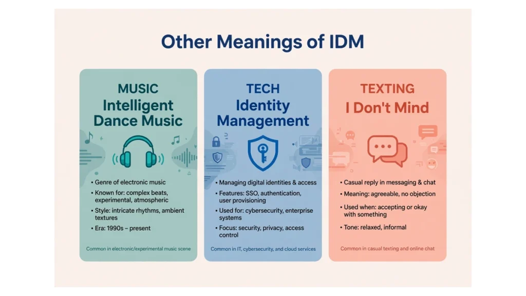 Three panels for music, tech, and texting meanings of IDM