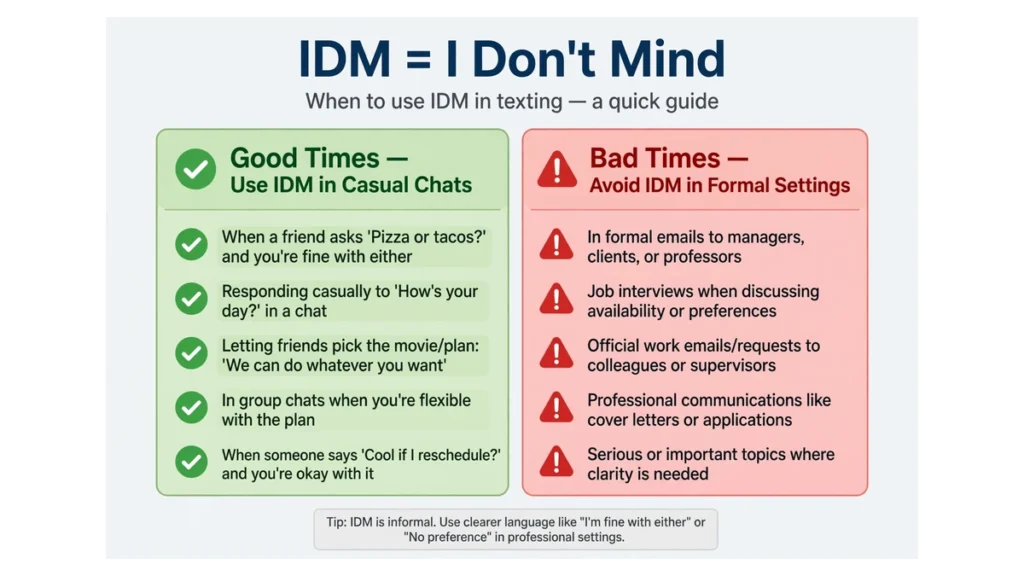 A green tick list for good times to use IDM and a warning list for bad times