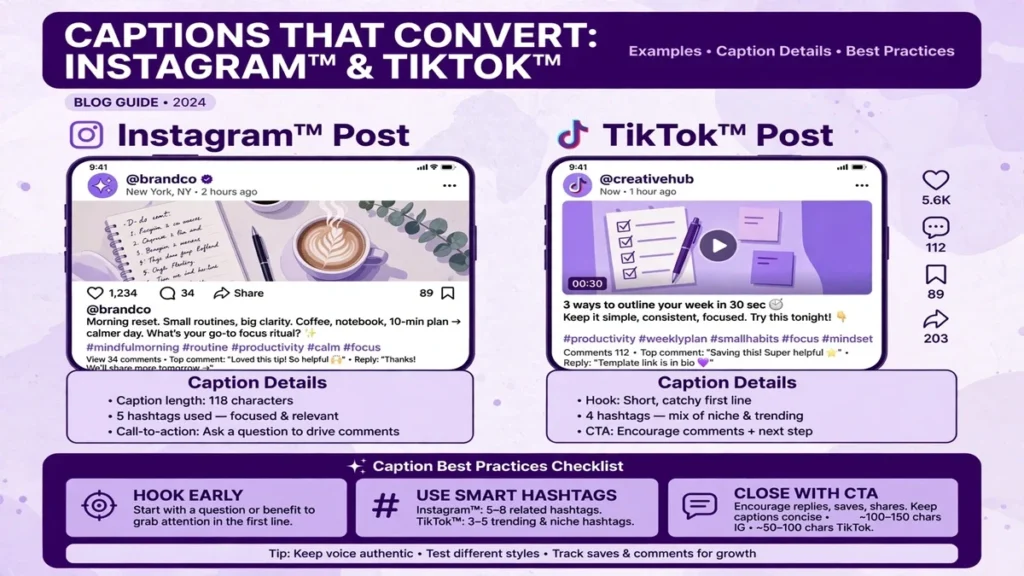 Instagram and TikTok captions using TM on phone screens