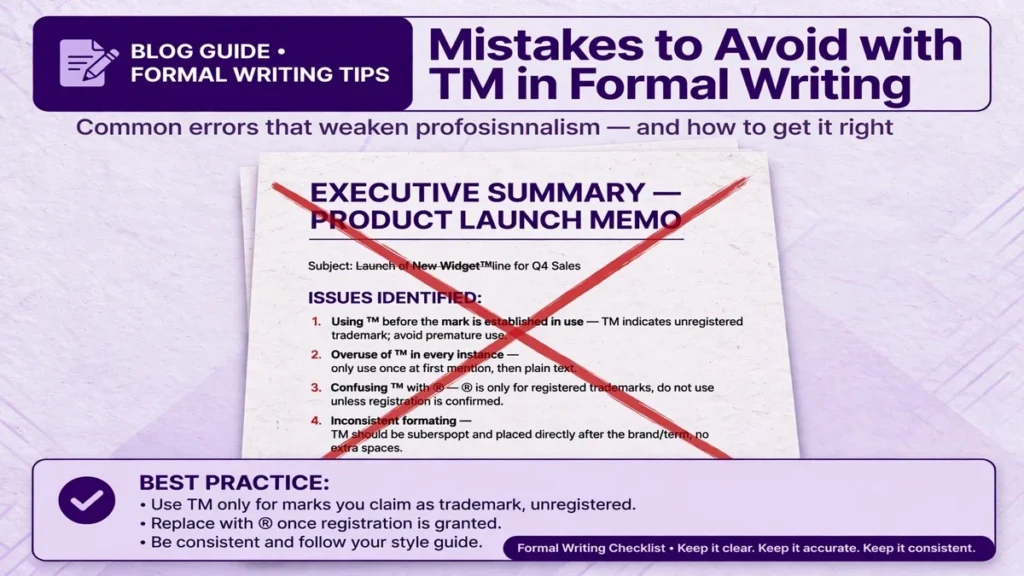 A red cross over a formal document showing mistakes to avoid with TM