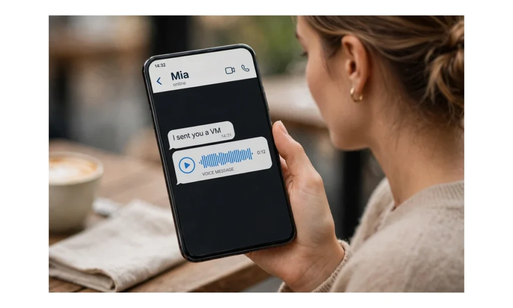 Person holding a phone showing a chat with the message I sent you a VM and a voice message player