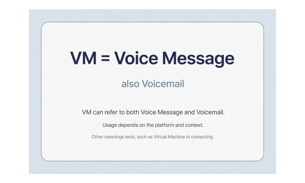 A card showing vm meaning in text, VM equals Voice Message in large text