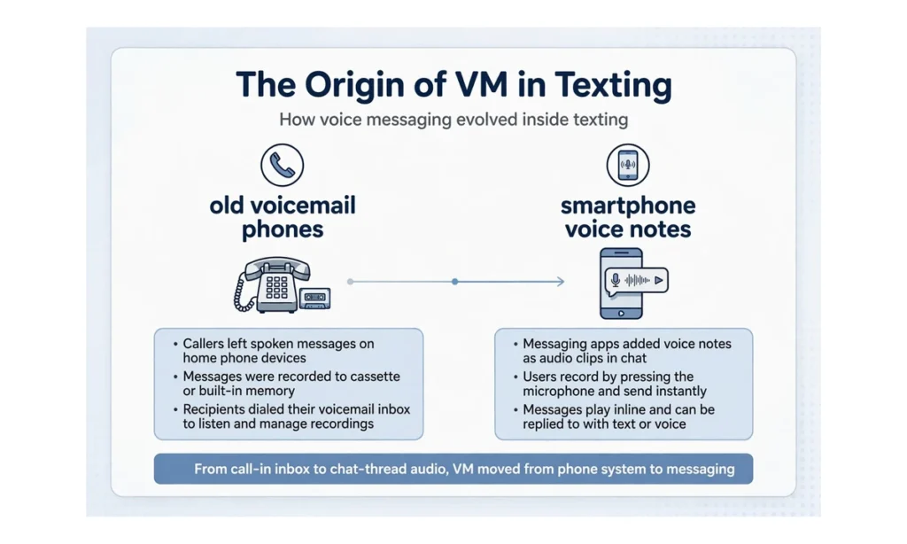Timeline graphic from old voicemail phones to smartphone voice notes showing the origin of VM in texting