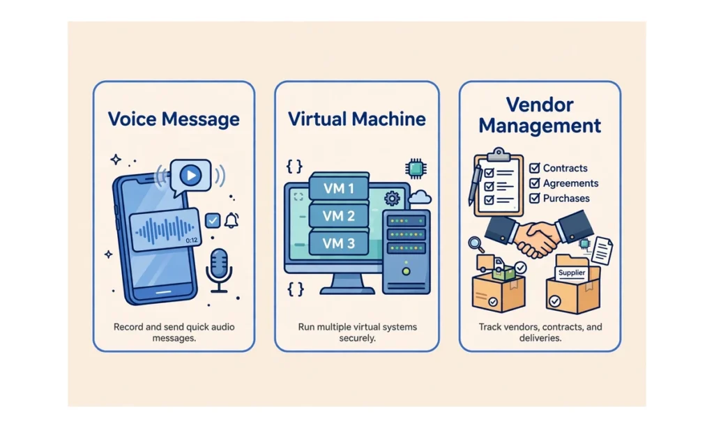 Three panels showing voice message, virtual machine, and vendor management meanings of VM