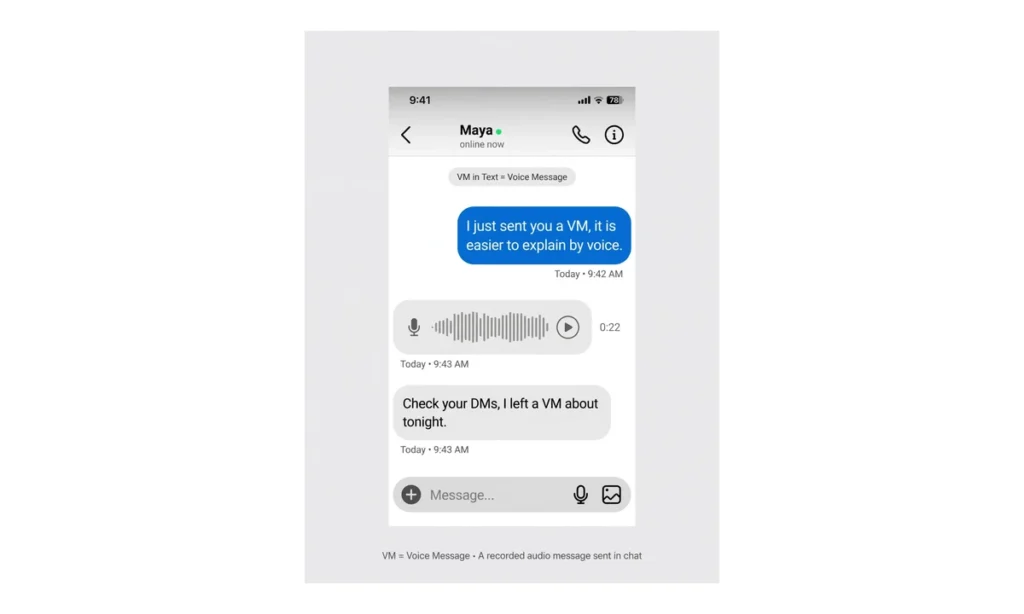 Phone chat with Maya showing VM examples, a voice message with waveform, and a message about checking DMs