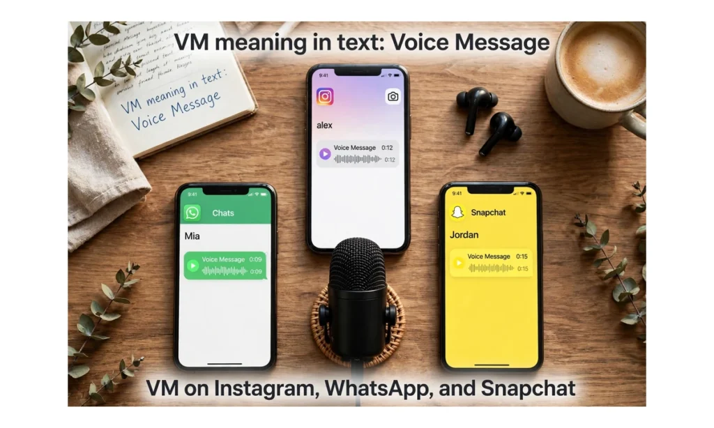 Three phones showing Instagram, WhatsApp, and Snapchat voice messages with a microphone on a wooden desk