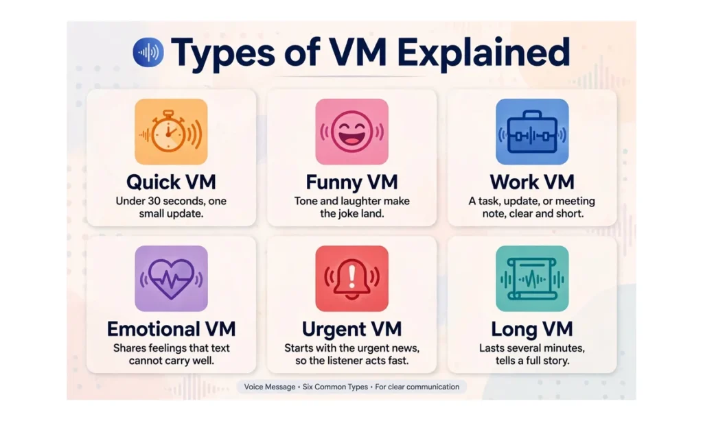 Grid of VM types with icons: quick, funny, work, emotional, urgent, and long voice messages