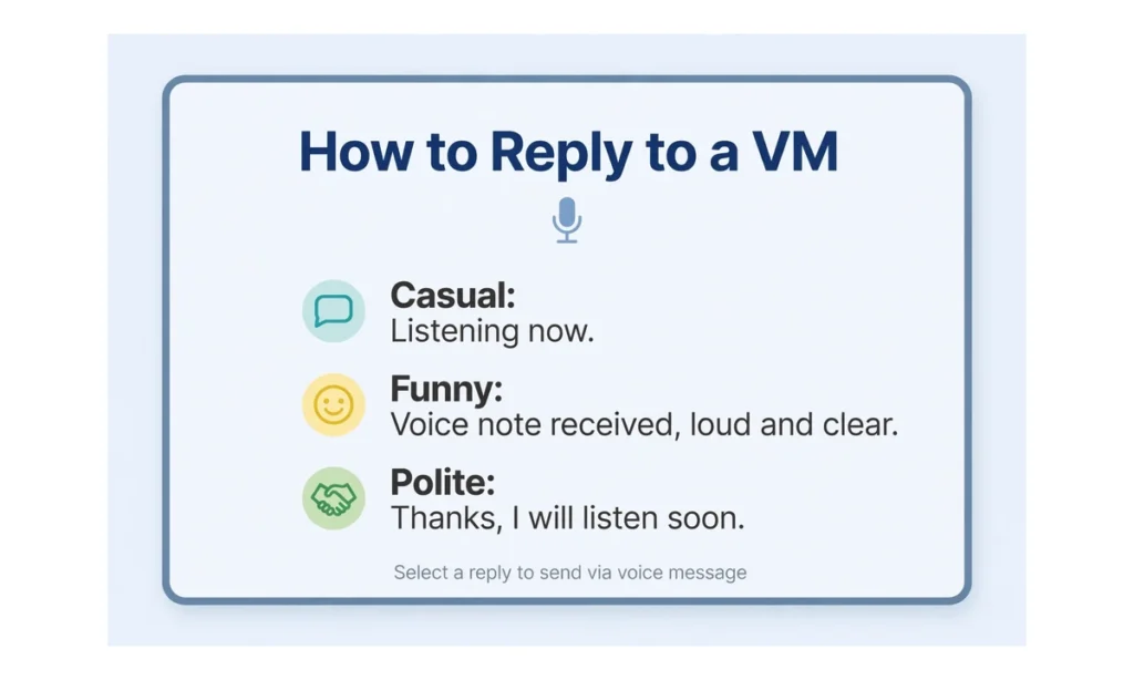 Reply card showing casual, funny, and polite replies to a VM